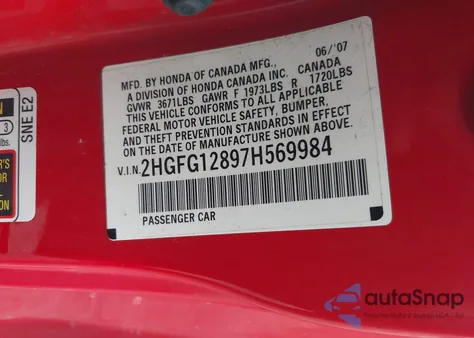 2007 Honda Civic Ex из США, поврежденный, VIN 2HGFG12897H569984